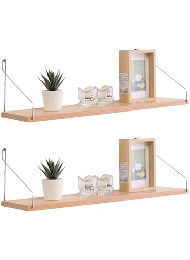 2 Pack Floating Shelves for Wall Mounted, No Punching Hanging Wood Shelf Storage Rack with Stainless Steel Bracket, Small Wooden Storage for Bathroom Kitchen Bedroom Living Room, 60cm (Wood color)