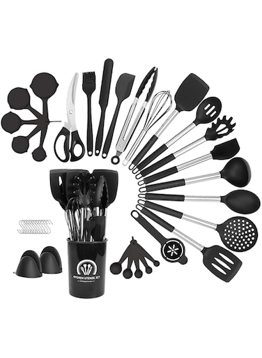 ARCHAEOPTERYX Kitchen Cooking Utensils Set, 40 pcs Non-Stick Silicone Cooking Kitchen Utensils Spatula Set Tools with Holder, Stainless Steel Handle Kitchen Heat Resistant Gadgets Utensil Set(Black)