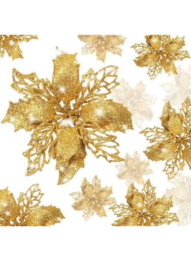 KASTWAVE 10 Pieces Christmas Glitter Poinsettia Flowers Glitter Christmas Tree Ornaments Artificial Poinsettia Flowers for Wedding Christmas Wreath Tree Decoration (Gold)