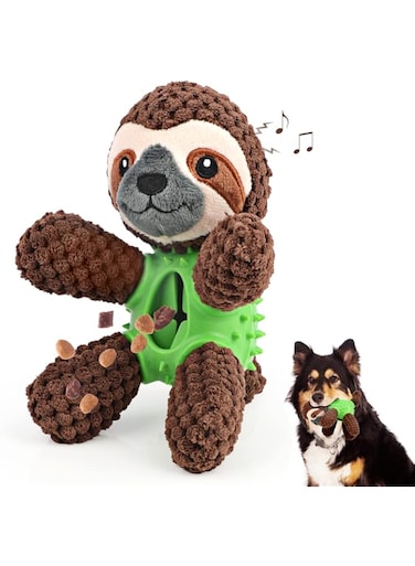Azonee 4 In 1 Plush Dog Toy for Boredom, Stuffed Soft Puppy Chew Toy with Treat Dispenser, Squeaky Interactive Dog Toy for 8 weeks Small and Medium Dogs Teething (Brown Sloth)