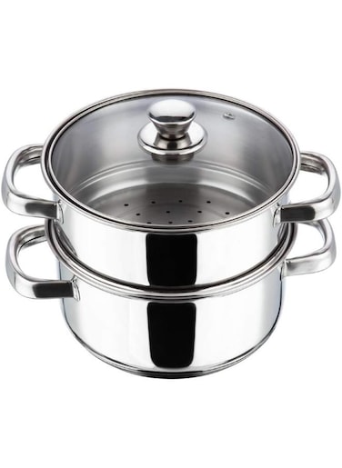 Stainless Steel 2-Tier Steamer with Glass Lid, 18 cm   2.5mm Thick Base   Multi-Purpose Steaming   Induction &amp; Gas Stove Compatible   Silver