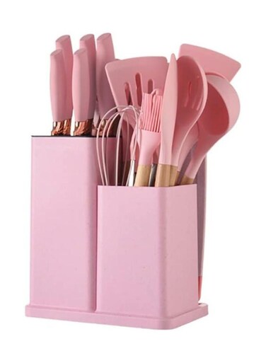 LLC Premium Silicone Cooking Utensils, Non-stick Kitchen Utensil Set, Wooden Handle Non Toxic BPA FreeKitchen Utensil Set 19 Piece Cooking Tools Kit Includes Knives, Spatulas, Spoons, Ladles for Professional Chefs or Home Cooks(Pink)