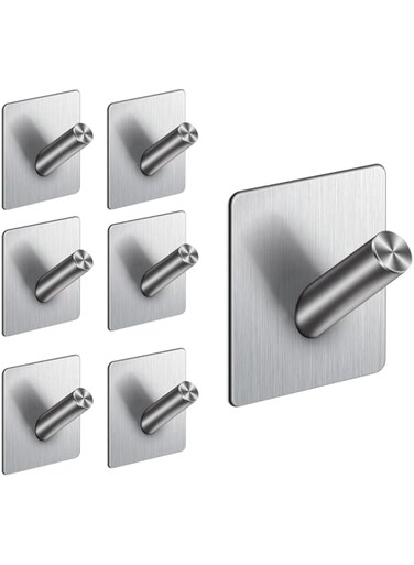 UCHUANG Wall Hooks Heavy Duty Self Adhesive 304 Stainless Steel Traceless NO Nails-Anti-Rust Waterproof Hook for Bathroom, Kitchen, Hanging, Coat Robe, Towel, Key - Silver (7 Pack)