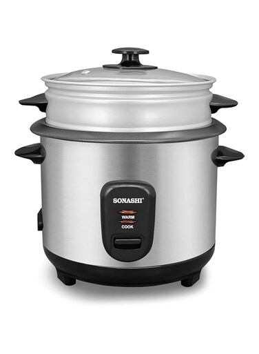 Sonashi 1.5L Rice Cooker with Stainless Steel Housing and Removable Cooking Pot   Auto Shut Off Feature with Non-Stick Coating   Tempered Glass Lid With Cooking And Warming System 500 W SRC-415 Silver