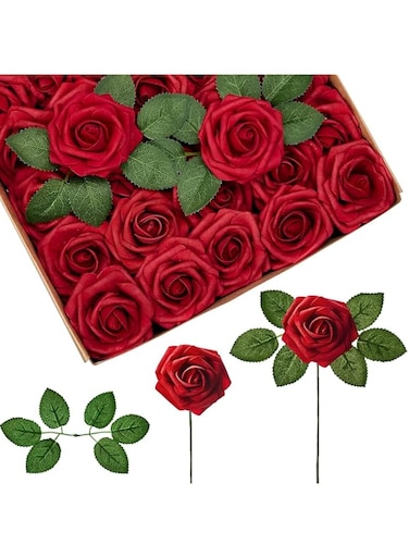 TAME Artificial Flowers Roses 25pcs Champagne Roses Wedding Bouquets Real Looking Foam Fake Roses with Stems for DIY Bridal Shower Centerpieces Arrangements Party Tables Decorations (red)