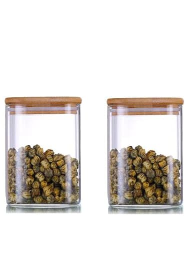 Borosilicate Square Glass Storage Jar With Air Tight Bamboo Lid 900 ML, 2Pcs Set