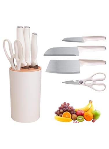 Knife Set, 5PCS Stainless Steel Knife Set with Block, High Carbon White Kitchen Knife Set with Ergonomic Handle for Chopping Slicing Dicing Cutting Paring (White)