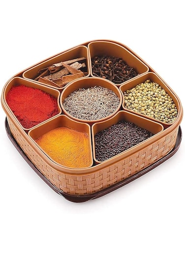 NOG Masala Boxes For Kitchen Plastic Square 7 Sections Multipurpose Masala Rangoli Dabba Box Set, Spice Box Set Spice Jars and Organizer Spice and Seasoning Set - Brown (Masala Box Plastic - 7 in 1)