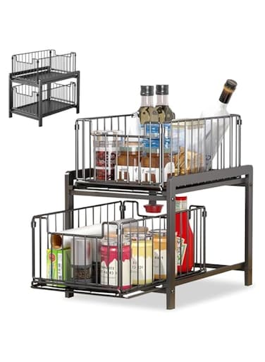 AMERTEER 2 Tier Under Sink Organizer, Bathroom Cabinet Storage with Sliding Drawers, Multi-Purpose Kitchen Rack for Pantry, Countertop &amp; Bathroom Organization, Space-Saving Black Storage Solution