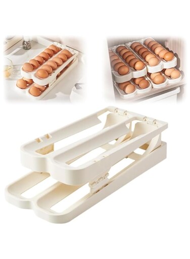 Azonee Egg Dispenser, Refrigerator Folding Egg Rack, Rolling Egg Dispenser and Refrigerator Storage Organizer, Capacity Egg Storage Box, Countertop Cabinet Double Track Egg Rack