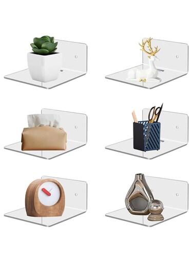 Clear Acrylic Shelves - 6 Pack Self-Adhesive 4" Floating Shelf, Wall Mounted Storage for Books &amp; Pictures, Decorative Shelf for Bedroom