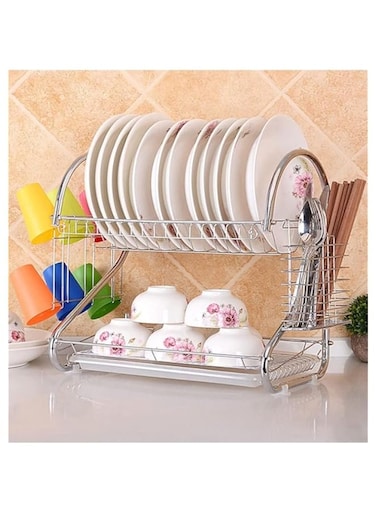 Dish Drainer Rack, 2 Tier Stainless Steel Dish Rack With Cutting Board, Cutlery, Utensil Holder, Dish Dryer For Kitchen Counter Top Storage, Plated Chrome Dish Drainboard Silver Z73CCF997EF012839927DZ