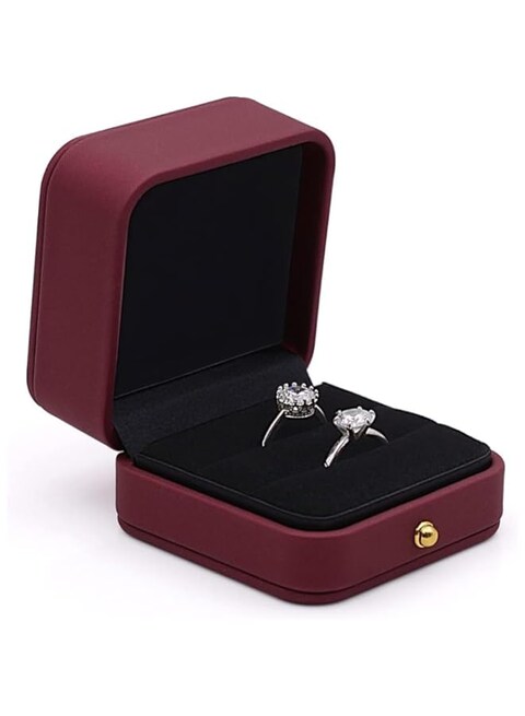 Wedding Ring Box Engagement Box, Square Leather Velvet Jewelry Ring Bearer Box, Premium Gorgeous Vintage Double Slots Ring Box for Proposal, Ceremony, Anniversary, Present (Dark Red, One size)