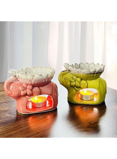 Tazweeq Elephant-Shaped Essential Oil Tealight Burner, 2-Color Set (Green &amp; Pink), Handcrafted Glazed Ceramic, Lovely Design for Aromatherapy &amp; Home Decor