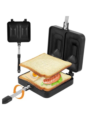 KASTWAVE Toasted Sandwish Maker, Non-Stick Double-Sided Sandwich Baking Pan, Non-Stick Stovetop Toastie Maker, with Heat-Resistant Handles, for Breakfast Home Outdoors Camping (Black)