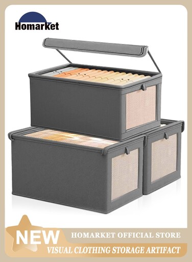 3 Pieces Foldable Closet Storage Organizer with Clear Lid and Window, Washable Closet Storage Boxes with Carrying Handles , Stackable Wardrobe Clothes Organizer,Cube Storage Bin for Clothes Wardrobe Home Bedroom Office