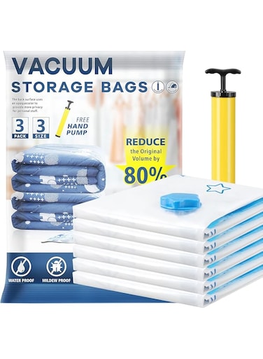 KASTWAVE Vacuum Storage Bags, 3 Pack Reusable Storage Bags Compression Storage Bags for Comforters Blankets Clothes Storage Hand Pump Included (1 Jumbo + 1 Extra Large + 1 Medium)