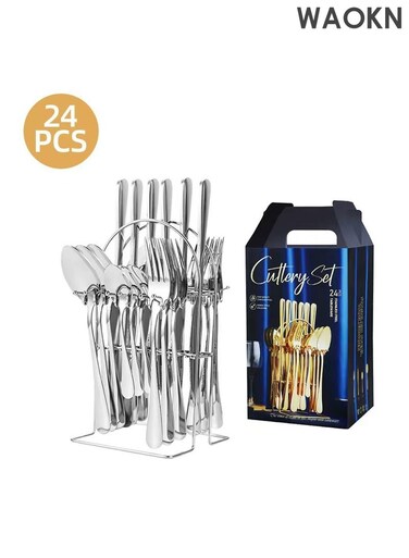 24PCS rware Set with Holder, Stainless Cutlery Set, Spoons Forks Knives Utensils Set, Service for 6 Mirror Polished Tableware Set Include Steak Knives, Rust-proof, Dishwasher Safe Portable Utensils, Camping School Picnic Workplace Travel Cutlery Set
