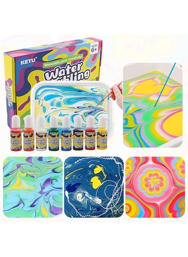 Beauenty Marbling Paint Arts and Crafts Kits 8 Watercolor Marble Painting Kit with Tray and Water Paper Color Set Craft Drawing Art Games Gift for Kids Girls Boys Diy Supplies (A)