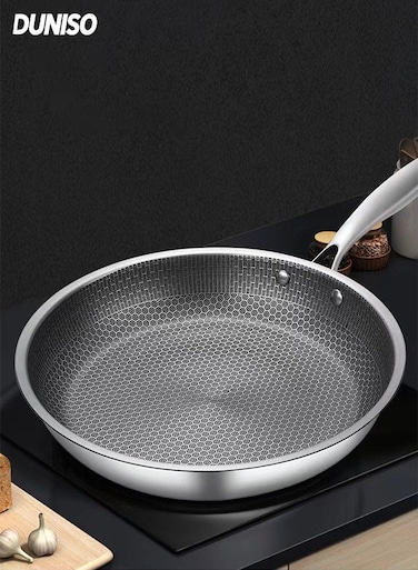 Premium Stainless Steel Non-stick Frying Pan , Skillet with Robust Handle,Compatible with All cooktops,Round Omelet Pan for chef,Dishwasher Safe,28cm