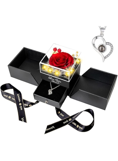Preserved Red Real Rose with Necklace, Eternal Flowers Rose Gifts for Mom Grandma Wife Girlfriend on Mothers Day Birthday Valentines Anniversary Perfect Romantic Gifts for Her with I Love You