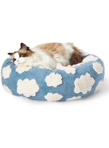 Pseul Donut Small Dog Bed - Round Cat Beds for Indoor Cats Anti-Anxiety Calming Pet Beds, Washable Cute Modern Beds with Teddy Sherpa Plush &amp; Anti Slip Bottom (Blue, 50x50x18cm)