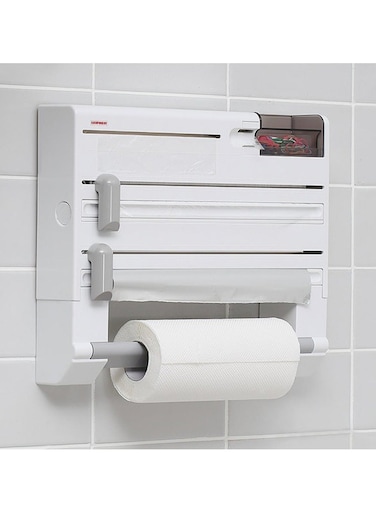 multi-functional wall-mounted cling film and tin foil cutting storage rack - with sliding cutter, moisture-proof and dust-proof hidden blade design, kitchen paper towel and sauce bottle storage rack, suitable size is 30CM, no-drilling kitchen storage rack (white)
