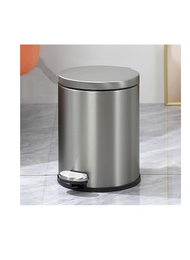 Stainless Steel Double Layer Dustbin with Pedal and Lid For Bathroom Kitchen,Silent Lidded Trash Bin,Fingerprint-Proof Modern Garbage Can,Round Bucket with Handle for Home Office (Grey, 8L)