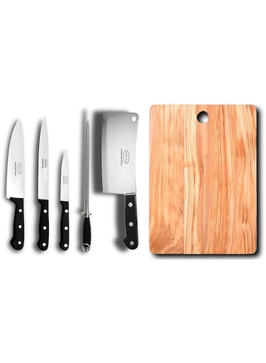 FEELINGS 5pcs Knife Set with Wooden Cutting Board   Stainless Steel Kitchen Knives for Chopping, Slicing, and Dicing   Durable Wooden Cutting Board for Food Prep