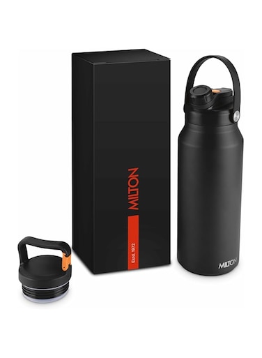 MILTON 1180ml Vacuum Insulated Water Bottle with Straw Lid - 2 lids included, Keeps Drinks Hot and Cold, 18/8 Stainless Steel, Double-Walled Flask with Inner Copper Coating - Sports - Ultrasip - Black