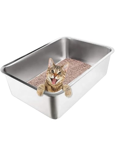 Stainless Steel Cat Litter Box - Pet Cleaning Tool for Big and Small Cats, Rabbits, Splash-Proof Large Litter Box for Big Cats - Easy to Clean, Never Absorbs Odor, Stains, or Rusts - Silver