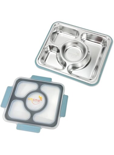 Omsma Stainless Steel Lunch Box Leak proof 4 compartments for kids adults - Grey Blue