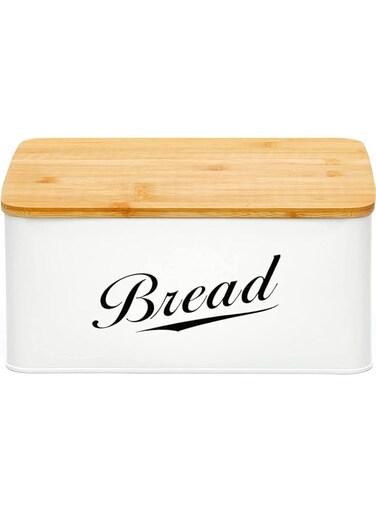 MahMir Modern Metal Bread Box with Bamboo Cutting Board Lid - Bread Storage Container for Kitchen Counter - Vintage Kitchen Decor Organizer - Elegant Bread Organizer - Large Bread Tin