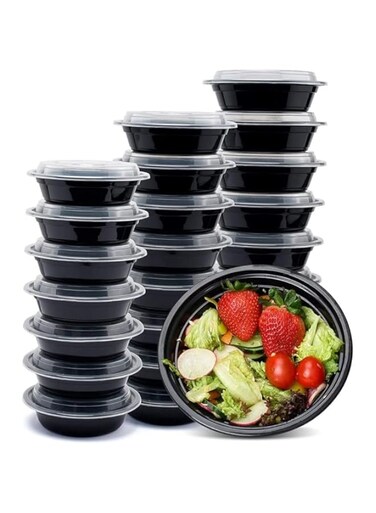 Vsell24&trade; 50PC 16oz 475ml Round Disposable Microwave Containers with Lids Black BPA Free for Take Out Food Bowls Salad Container