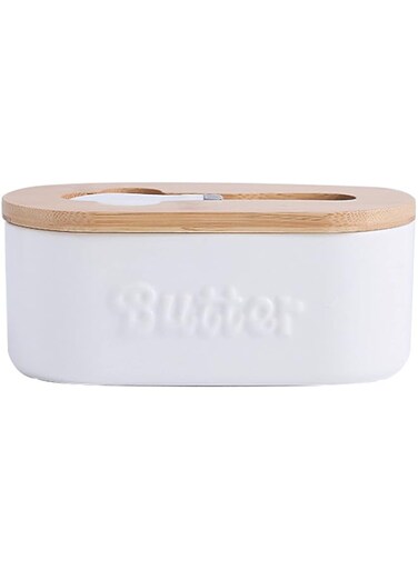 U-HOOME Butter Dish with Bamboo Lid and Butter Knife, U-HOOME Porcelain Covered Butter Keeper Airtight Butter Container with Cover Perfect for East West Coast Butter (White)