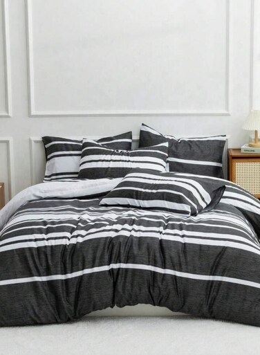 Home Single Size 4 Pieces Duvet Cover Set Black Stripe Design
