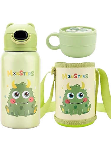 KASTWAVE 500ml Kids Water Bottles with Straw and 3 Lids, Insulated Steel Water Bottle with Protective Case, Reusable Thermal Water Bottle for Boys Girls-Keep Hot or Cold for a Long Time (Green)