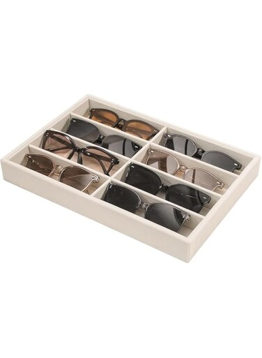 Sunglass Organizer Tray, Beige Velvet Glasses Organizer Trays, Eyeglasses Watches Jewelry Display Organizer Tray Box for Men Women (8 Grids)