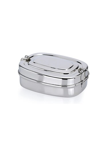 Stainless Steel Tiffin Lunch Box Rectangle 2 Compartments and Locking Clip Large