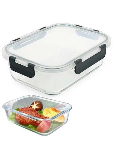 Glass Meal Prep Containers (1 pcs Rectangle) - Glass Food Storage Containers with Lids, Glass Lunch Box, Portion Control, Airtight, Glass Bento Box Lunch Containers- Black