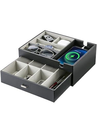 ProCase Valet Tray for Man, Double Layer EDC Catchall Trays Table Nightstand Organizer with Phone Charging Station, Dresser Top Faux Leather Storage for Keys Wallet Glasses Watches -Black