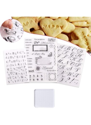 SYOSI 4Pcs Alphabet Cake Stamp Tool, Alphabet &amp; Numbers Fondant Cake Mould, DIY Cookie Stamp Cookie Cutter Fondant Moulds, Handmade English Letters Fondant Biscuit Cake Cookie Mould Baking Tools
