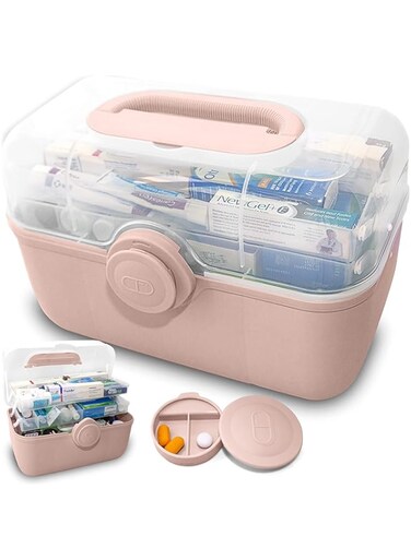 Mofish Plastic Medical Storage Box Clear Medicine Box Organizer Container, Home Emergencies First Aid Kit Pill Case with Compartments and Portable Handle for Arts Crafts Bathroom Cosmetics (Pink,XL)