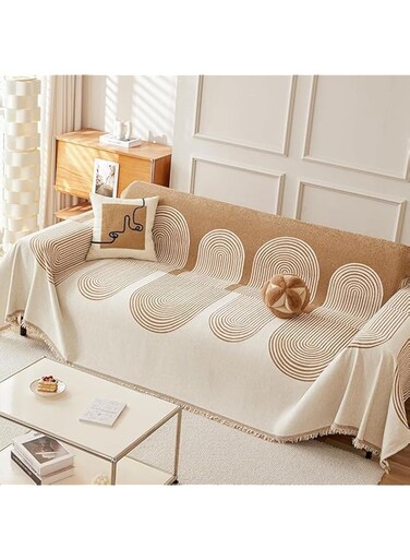 Double Sided Chenille Sofa Cover, Sofa Cover Towel, Couch Slipcovers with Tassels Couch,Stylish Sofa Cover can be used as Sofa Blanket, shawl, Usable in All Seasons (Beige, 180 * 180)