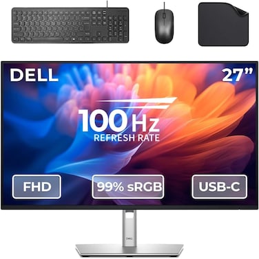 Dell P2725H 27" FHD (2560 x 1440) Monitor - Includes Wired Keyboard + Wired Mouse + Mouse Pad - UltraSharp IPS Display, Resolution, 100Hz, 5ms, 99% sRGB, USB-C, DisplayPort, HDMI, VGA, 4x USB