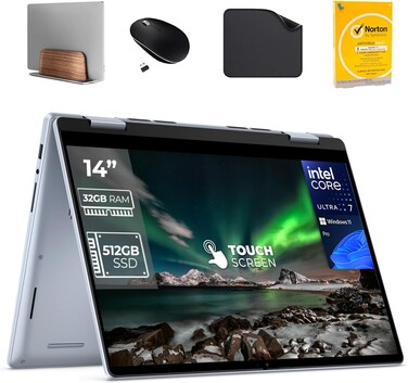 Dell Inspiron 14-7440 2-In-1 Laptop, Intel Core Ultra 7-150U, 32GB RAM, 512GB SSD, 14" FHD+ Touchscreen, Win 11 Pro Backlit KB(Include 1st Wave Laptop Stand +Wireless Mouse+ Mouse Pad + Antivirus)