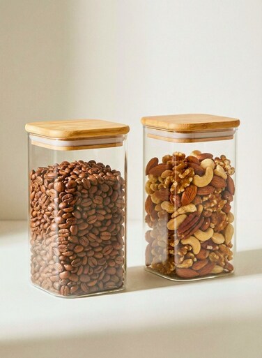 Set of 2- 900ML Borosilicate Square Glass Storage Jar with Air tight Bamboo Lid for Candy Cookie Rice Sugar Flour Pasta Nuts