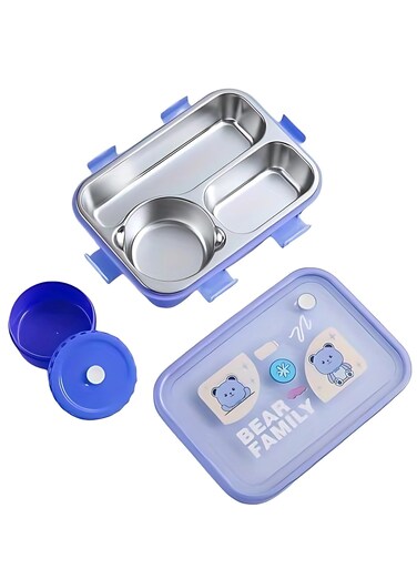 Cartoon Stainless Steel Lunch Box, Stainless Steel Bento Box 3-Compartments, Multifunctional Lunch Box with Soup Bowl, Spoon &amp; Chopsticks, Compact Lunch Box for Office and Students (Purple)