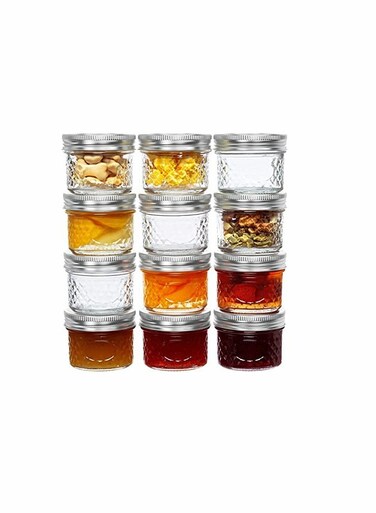 Pack 4 Oz Glass Mason Jars with Airtight Lids - Perfect for Jams, Spices, Food Storage, and Wedding Favors - Quilted Crystal Design