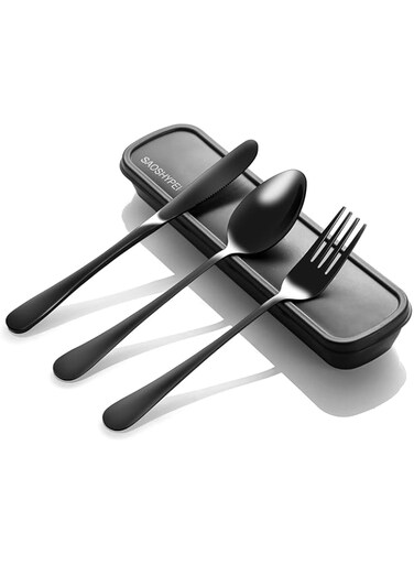Portable Utensils Set with Case, 4pcs Stainless Steel Reusable Silverware for Lunch Camping School Picnic Workplace Travel, Lunch Box Includ Fork Spoon Knife,Easy to clean,Dishwasher Safe(Black)